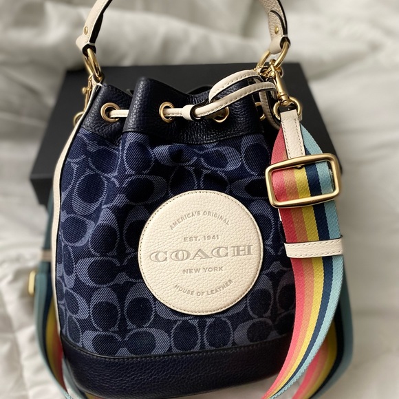 Coach Navy Blue Bucket Bag with Rainbow Strap - Picture 3 of 13